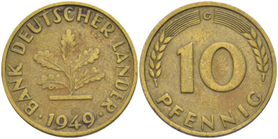 ФРГ 10 ПФЕННИГОВ 1949 G KM 103, J.378 сталь плакированная латунью 113-1041