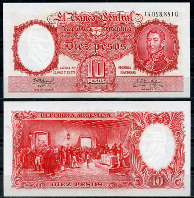 Аргентина 10 песо ND (1961) Генерал Сан Мартин (1778-1850), декларация независимости, Fabregas, Delfino Pick 270 (9)  бумага   447-70-8-3