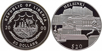 Либерия 20 долларов 2000 серия памятники архитектуры, Хельсинки серебро PROOF 11-145-42