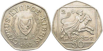 КИПР 50 ЦЕНТОВ 1993 ПОХИЩЕНИЕ ЕВРОПЫ KM 66 медно-никель 117-325