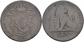 БЕЛЬГИЯ 5 САНТИМОВ 1841 BELGES KM 5.1 медь 110-217