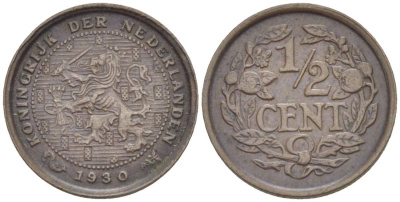 НИДЕРЛАНДЫ 1/2 ЦЕНТА 1930 ВИЛЬГЕЛЬМИНА I (1891-1948) KM 138 бронза 4547-1248
