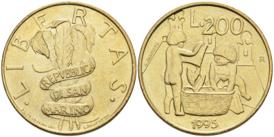 Сан-Марино 200 лир 1995 двое детей играют KM 329 алюминиевая бронза 4126-136