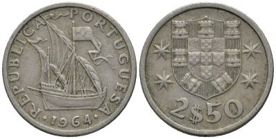Португалия 2,5 эскудо 1964 парусник KM 590 медно-никель 4576-1257