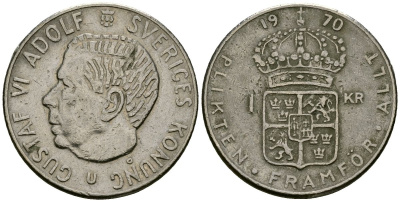 Швеция 1 крона 1970 Густав VI Адольф (1950-1973) KM 826a медь плакированная медно-никелем 4167-445
