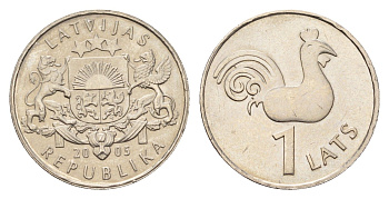 Латвия 1 лат 2005 Петух церкви Святого Петра KM 65 медно-никель UNC 4679-327