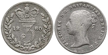 Великобритания 3 пенса 1860 Виктория (1837-1901) KM 730, Spink 3914 серебро  1518-1211