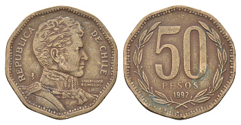 Чили 50 песо 1992 Бернардо О’Хиггинс KM 219 алюминиевая бронза 4663-413