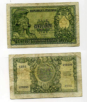 Италия 50 лир 1951 Афина Pick 91a бумага 450-82-1