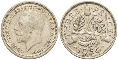 Великобритания 3 пенса 1936 Георг V (1910-1936) KM 831, Spink 4042 серебро 4528-256