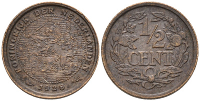 Нидерланды 1/2 цента 1928 Вильгельмина (1890-1948) KM 138 бронза 4576-464