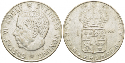 Швеция 1 крона 1961 TS, Густав VI Адольф (1950-1973) KM 826 серебро 175-1131