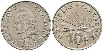 Французская Новая Каледония 10 франков 2010 рыбачья парусная лодка, (IEOM) KM 11a, Schoen 13a, Lec 99k медно-никель 63-411