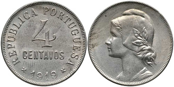 ПОРТУГАЛИЯ 4 СЕНТАВО 1919 РЕСПУБЛИКА, ГОЛОВА СВОБОДЫ ВЛЕВО КМ 566 медно-никель 202-315