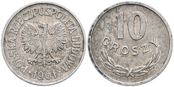 Польша 10 грошей 1961 Народная Республика KM АА47, Parchimowicz 206a алюминий 4580-569