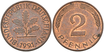 ФРГ 2 ПФЕННИГА 1991 J KM 106a, J.381a сталь плакированная сталь плакированная медьюю 75-449