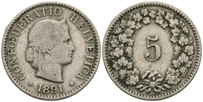 Швейцария 5 раппенов 1891 В KM 26 медно-никель 4608-1013