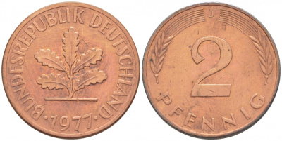 ФРГ 2 пфеннига 1977 J KM 106а, J.381а сталь плакированная медью 4396-1568