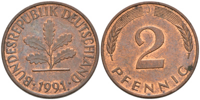 ФРГ 2 ПФЕННИГА 1991 J KM 106a, J.381a сталь плакированная сталь плакированная медьюю 75-449