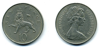 Великобритания 10 пенсов 1969 Елизавета II (1952-2022) KM 912, Spink 4231 (F1) медно-никель  4110-1226