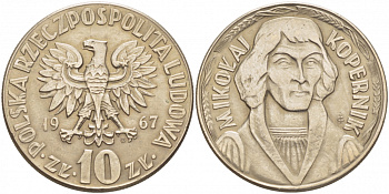 ПОЛЬША 10 ЗЛОТЫХ 1967 MW, НИКОЛАЙ КОПЕРНИК KM 51a медно-никель UNC 3856-1056