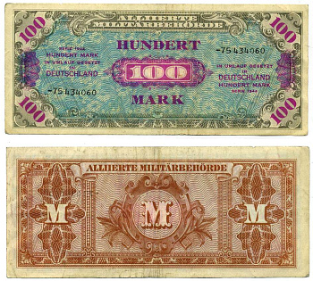 Германия, оккупация союзниками 100 марок 1944 8 цифр, без кода, выпуск СССР Pick 197 d, Розенберг 206 d бумага 8612-31-2-2