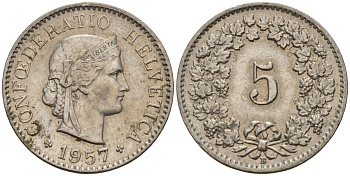 Швейцария 5 раппенов 1957 B KM 26 медно-никель 4189-329