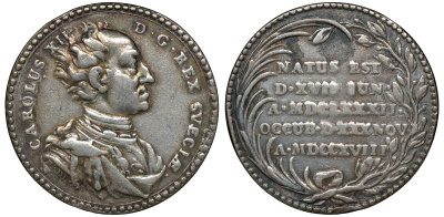 Швеция медаль 18 век с изображением Карла XII и его датами жизни, диаметр 33,3 мм., вес 15,0 гр.  серебро    00-809-15