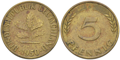 ФРГ 5 пфеннигов 1950 D KM 107, J. 382 сталь плакированная латунью 55-1237