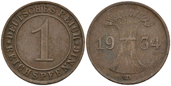 Германия 1 рейхспфенниг 1934 D KM 37, J. 313 бронза 4549-555