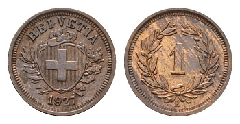 Швейцария 1 раппен 1927 B KM 3.2 бронза 1528-145