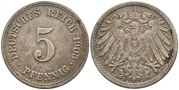 Германия 5 пфеннигов 1903 A KM 11, J. 12 медно-никель 4151-439