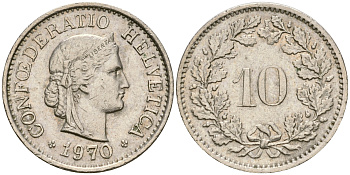 Швейцария 10 раппенов 1970 KM 27 медно-никель 4364-1334