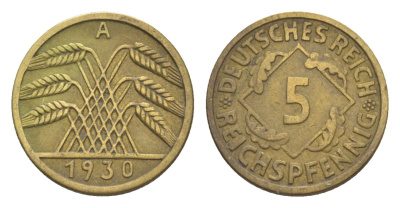 Германия 5 рейхспфеннигов 1930 A KM 39, J. 316 алюминиевая бронза 4636-743