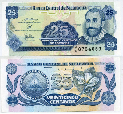 Никарагуа 25 сентаво 1991 Франсиско Эрнандес де Кордоба Pick 170 a бумага UNC (пресс) 6293-43-1