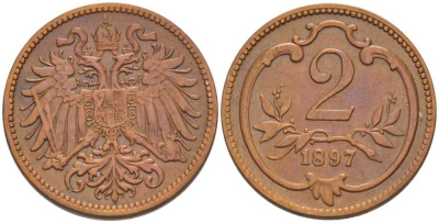 АВСТРИЯ 2 ГЕЛЛЕРА 1897 ФРАНЦ ИОСИФ (1846-1918) KM 2801 бронза 201-324