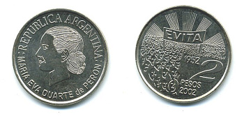 Аргентина 2 песо 2002 Мария Эва Дуарте де Перон KM 135 медно-никель UNC 37-721