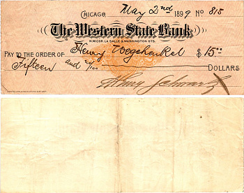 США чек на 15 долларов 1899 The Western State Bank, Чикаго бумага 6287-38-3-2