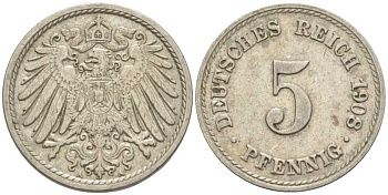 Германия 5 пфеннигов 1908 A KM 11, Jager 12, Weege 6 медно-никель 105-132