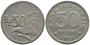 Индонезия 50 рупий 1971 райская птица KM 35 медно-никель 4384-213