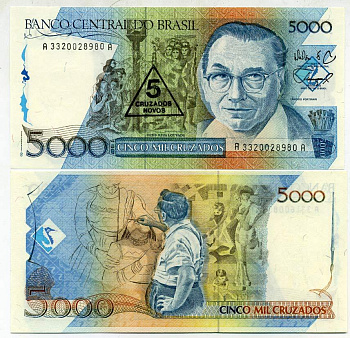 БРАЗИЛИЯ 5 КРУЗАДО 1989 ПОДПИСЬ 26, НАДПЕЧАТКА НА 5000 КРУЗАДО Pick 217а бумага UNC (ПРЕСС) 7551-40-1