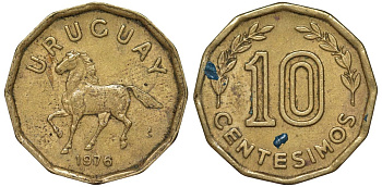 Уругвай 10 сентесимо 1976 KM 66 алюминиевая бронза 4164-718