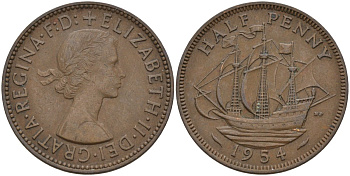 Великобритания 1/2 пенни 1954 Елизавета II (1952-2022) KM 896, Spink 4158 бронза 4146-251