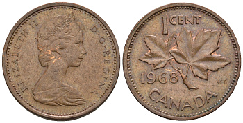 Канада 1 цент 1968 Елизавета II (1952-2022), кленовый лист KM 59.1 бронза 4609-132