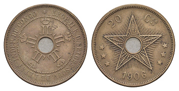 Бельгийское Конго 20 сантимов 1906 Свободное государство Конго, Леопольд II (1865-1909) KM 11 медно-никель 1518-1231
