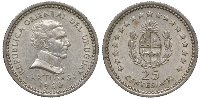 Уругвай 25 сентесимо 1960 KM 40 медно-никель 4169-1026
