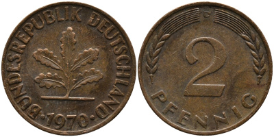 ФРГ 2 ПФЕННИГА 1970 D KM 106а, J.381а сталь плакированная сталь плакированная медьюю 33-233