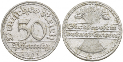 ГЕРМАНИЯ 50 ПФЕННИГОВ 1922 D KM 27, J. 301, Weege 10 алюминий 3718-914