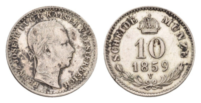 Австрия 10 крейцеров 1859 V, Франц Иосиф I (1848-1916) KM 2204 серебро 1526-1234