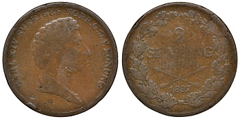 Швеция 2 скиллинга 1837 Карл XIV Юхан (1818-1844) KM 442 медь 4112-113